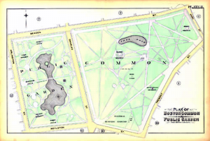 A map of the Boston Common and Public Garden, circa 1890. This is the kind of “common” referred to in the tragedy of the commons.