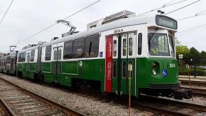A rehabilitated Green Line car of the Massachusetts Bay Transit Authority