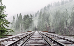 Guardrails in a track bed as a rail line crosses a bridge